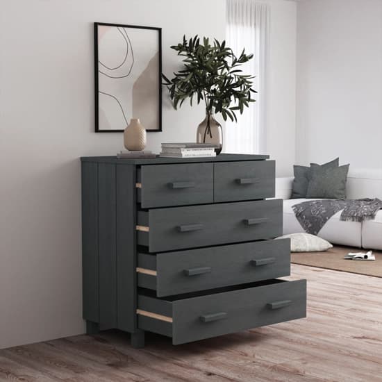 Abril Pinewood Chest Of 5 Drawers In Dark Grey