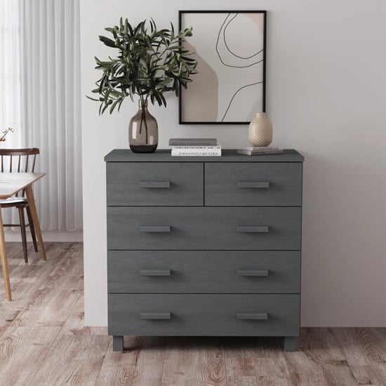 Abril Pinewood Chest Of 5 Drawers In Dark Grey