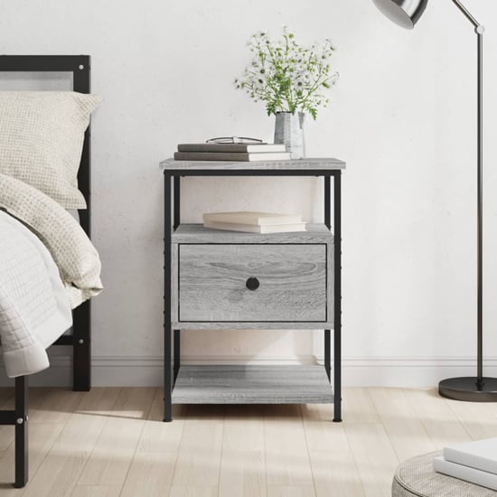 Achava Wooden Bedside Cabinet 1 Drawer 1 Shelf In Grey Sonoma Oak