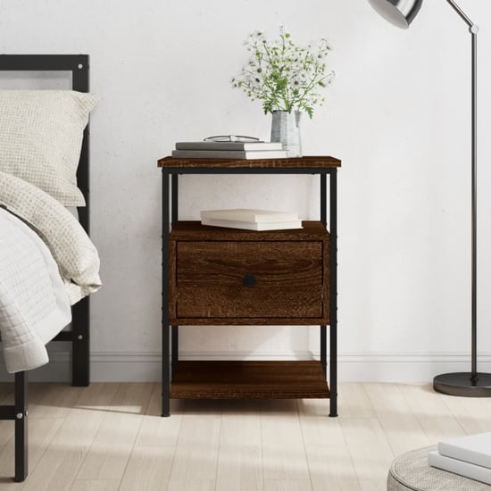 Achava Wooden Bedside Cabinet 1 Drawer 1 Shelf In Brown Oak