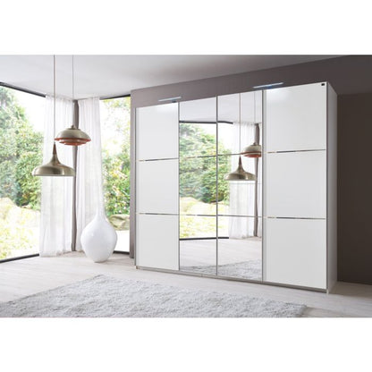 350cm White Mirrored Sliding Wardrobe with 4 Doors and Soft Closing Hinges