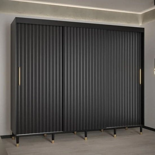 NESTIUM Adel I Wooden Wardrobe | Sliding | Black | Shelves | 3 Doors | 250cm