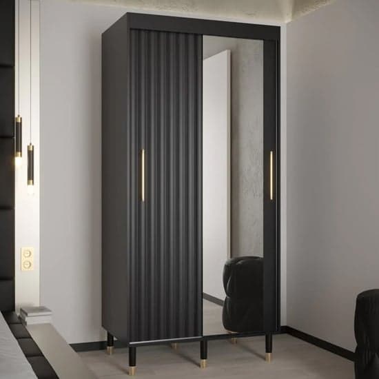 Adel II Mirrored Wardrobe With Sliding 2 Doors 100cm In Black