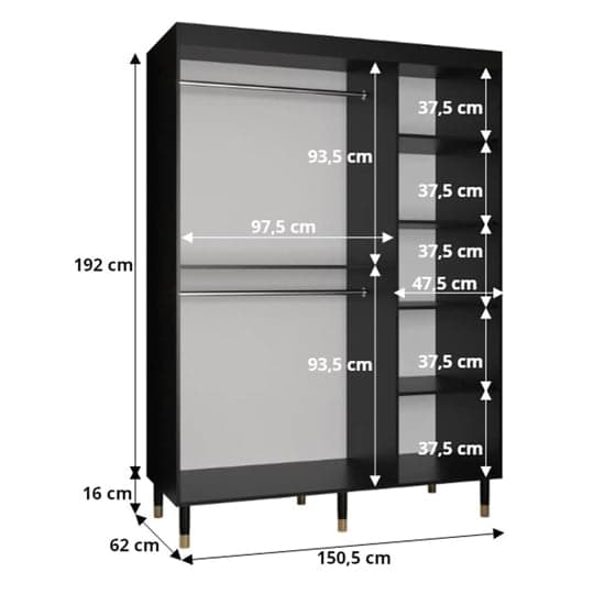 Adel II Mirrored Wardrobe With Sliding 2 Doors 150cm In Black