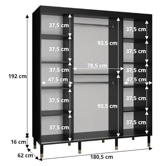 Adel II Mirrored Wardrobe With Sliding 2 Doors 180cm In Black