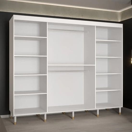 Adel 250cm White Wooden Sliding Wardrobe | 3 Doors | Shelves | Ample Storage