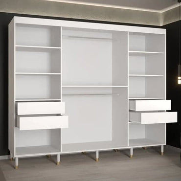 Adel 250cm White Wooden Sliding Wardrobe | 3 Doors | Shelves | Ample Storage