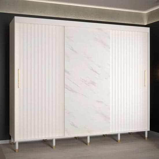 Adel 250cm White Wooden Sliding Wardrobe | 3 Doors | Shelves | Ample Storage