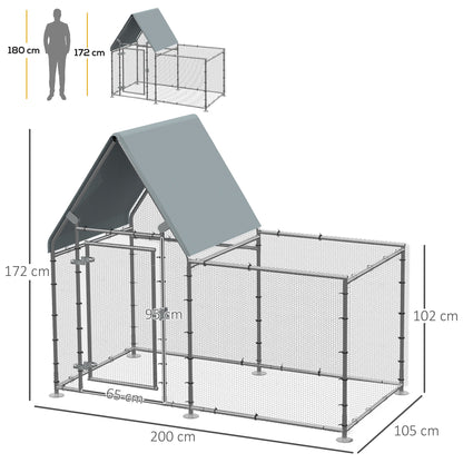 PawHut Walk In Chicken Run, Large Poultry Coop Cage Hen House Rabbit Hutch for 4-6 Chickens Outdoor Galvanized Metal Enclosure w/ Water-Resist Cover 200 x 105 x 172cm