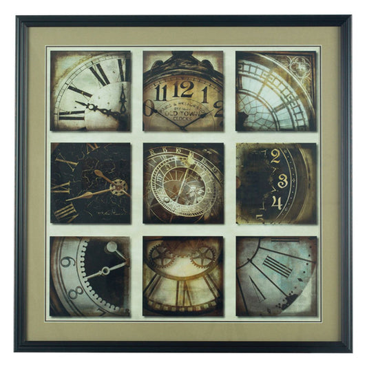 FURCO Multi-Picture Vintage Clock Wall Art with Black Frame - Global Design for Home Decor