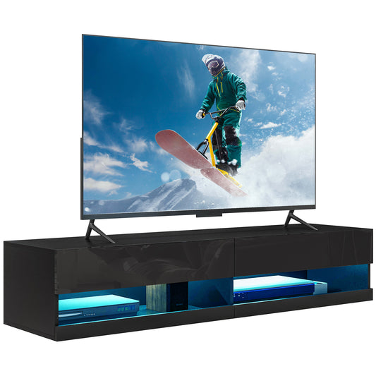 HOMCOM loating TV Unit, Wall Mounted TV Cabinet for TVs up to 65", High Gloss Media Wall Unit with LED Lights, Storage Shelves for Living Entertainment Room, Black