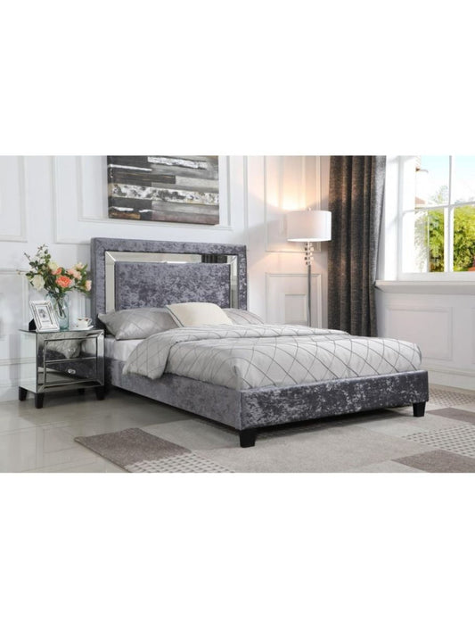 Luxurious Silver Crushed Velvet Double Bed with Mirror - Elegant Design for Stylish Bedrooms