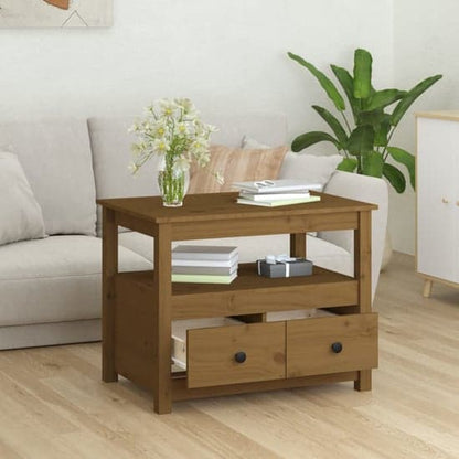 Honey Brown Pine Wood Coffee Table with 2 Drawers and Open Shelf for Living Room Storage