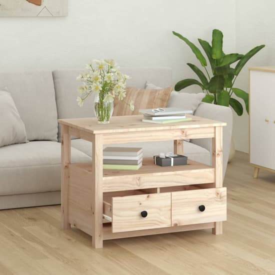 Natural Pine Wood Coffee Table with 2 Drawers for Living Room Storage