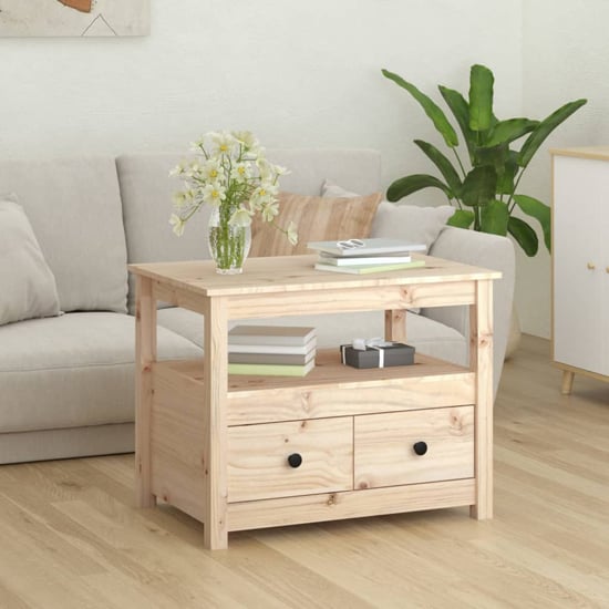 Natural Pine Wood Coffee Table with 2 Drawers for Living Room Storage