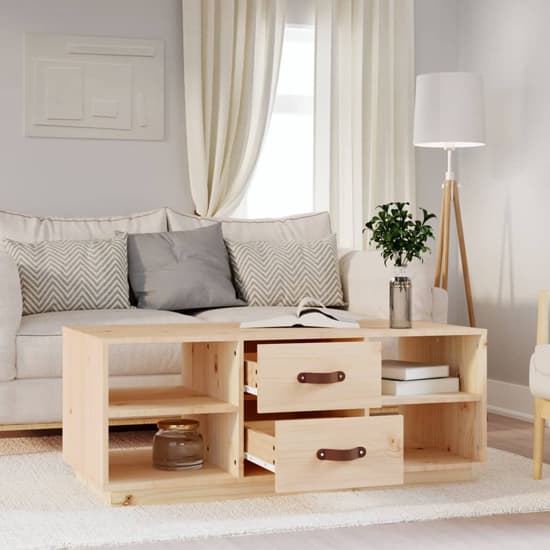 Natural Pine Wood Coffee Table with 2 Drawers for Functional Living Room Storage