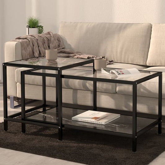 FURCO Akio Industrial Glass Coffee Tables with Black Marble Undershelf - Space-Saving Modern Living Room Furniture