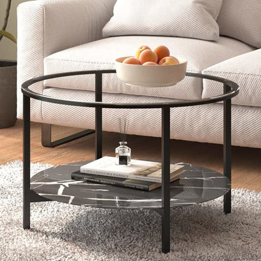 Modern Round Glass Coffee Table with Black Marble Shelf - Akio Design