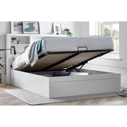 White King Size Ottoman Storage Bed with Bookcase Headboard by FURCO