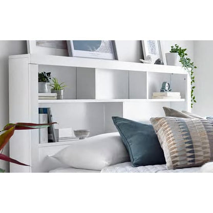 White King Size Ottoman Storage Bed with Bookcase Headboard by FURCO