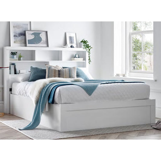 White Ottoman Storage Double Bed with Bookcase Headboard by FURCO