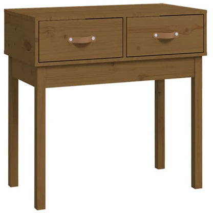 Honey Brown Pinewood Console Table with 2 Drawers for Entryway and Living Room