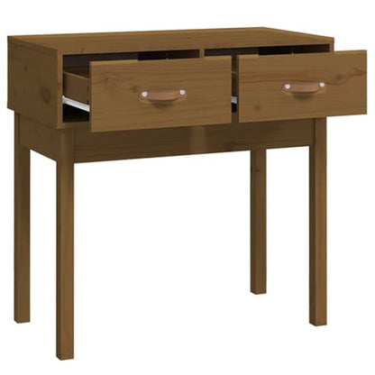 Honey Brown Pinewood Console Table with 2 Drawers for Entryway and Living Room