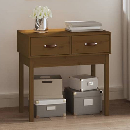 Honey Brown Pinewood Console Table with 2 Drawers for Entryway and Living Room