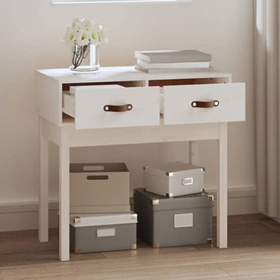 White Pinewood Console Table with Two Drawers for Entryway or Living Room