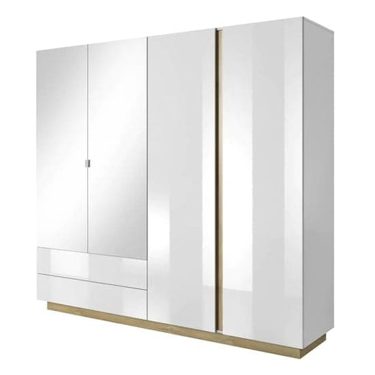 White High Gloss 4-Door Mirrored Wardrobe with Ample Storage and Shelving