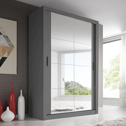 Matt Grey Mirrored Sliding Door Wardrobe with Customizable Interior and LED Lighting