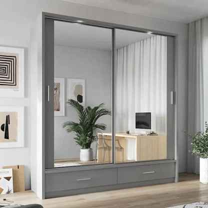 Modern Matt Grey Sliding Wardrobe | LED Lighting | Mirror | 2 Doors | 200cm