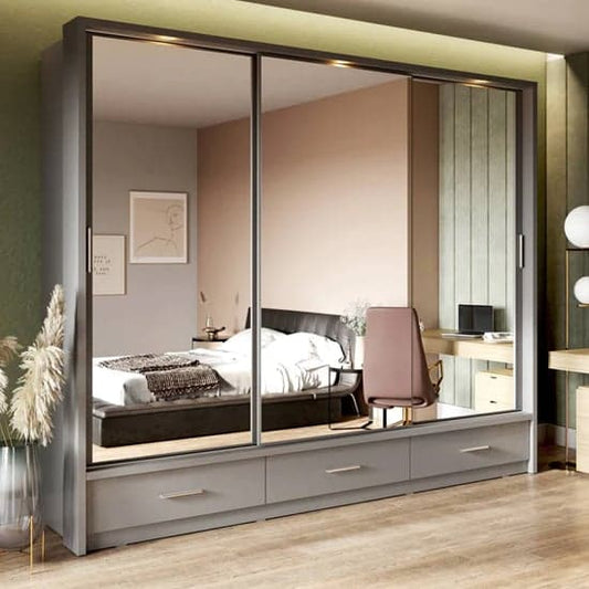 Modern Matt Grey 3-Door Sliding Wardrobe with LED Lighting | Sliding | Matt Grey | LED Lights, Shelves, Drawers | 3 Doors | 250cm