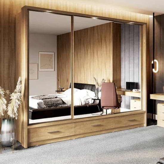 Aliso Wardrobe With Sliding 3 Doors In Shetland Oak With LED