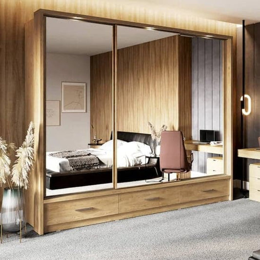 Shetland Oak 3-Door Sliding Wardrobe | Oak | LED Lighting, Mirrors | 3 Doors | 250cm