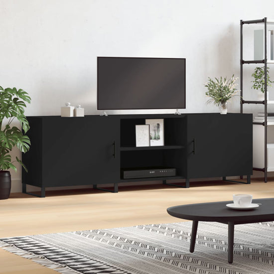 Black Wooden TV Stand with 2 Storage Doors for Modern Living Rooms