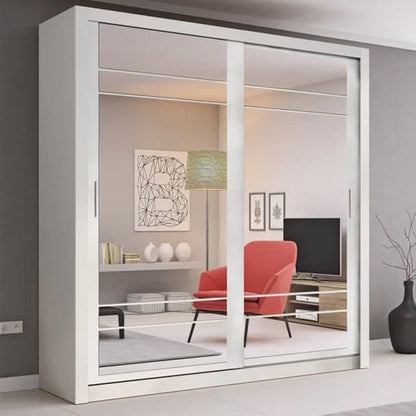 Large Matt White Wardrobe with Mirrored Sliding Doors and LED Lighting