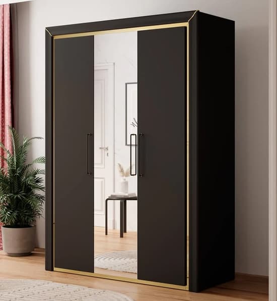 Allen Mirrored Wardrobe With Hinged 3 Doors In Black