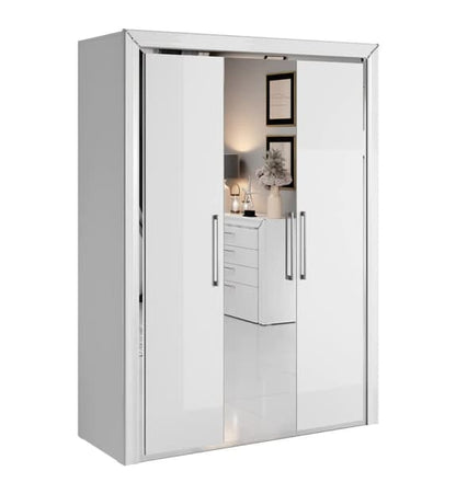 White 3-Door Mirrored Wardrobe with Shelves and Hanging Rail