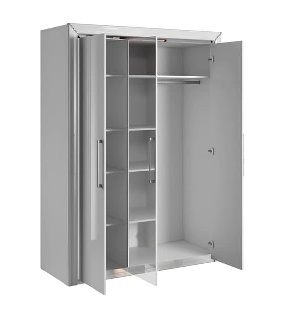 White 3-Door Mirrored Wardrobe with Shelves and Hanging Rail