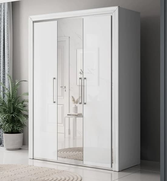 White 3-Door Mirrored Wardrobe with Shelves and Hanging Rail