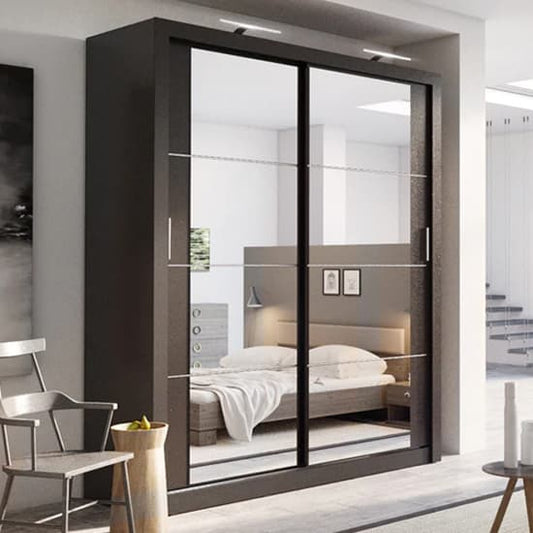 Matt Black Mirrored Sliding Door Wardrobe - 2 Door Storage Solution