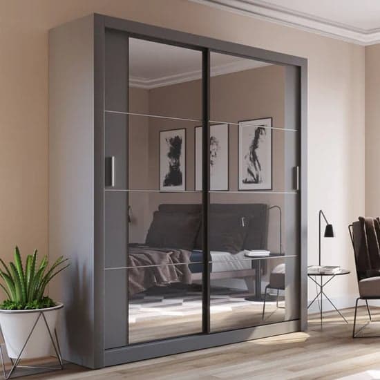 Matt Grey Allen Wardrobe with Mirrored Sliding Doors and Adjustable LED Lighting