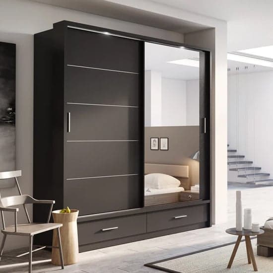 Allen Wardrobe With Sliding 2 Doors And Drawers In Matt Black