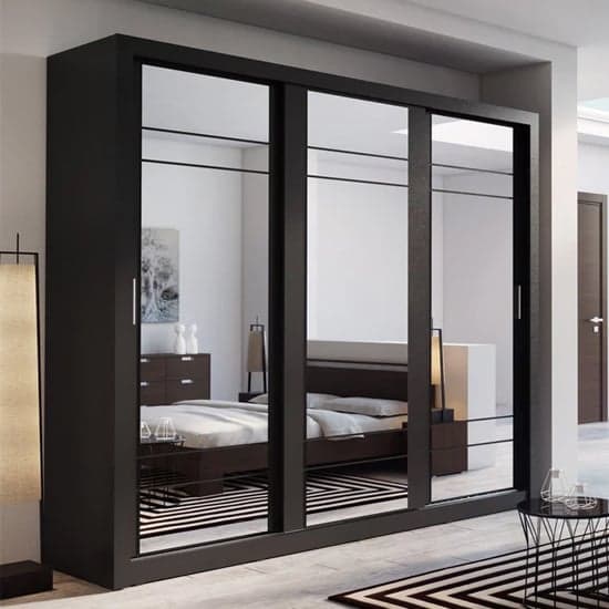 Modern Matt Black Wardrobe | Sliding | Mirror | 3 Doors | 250cm