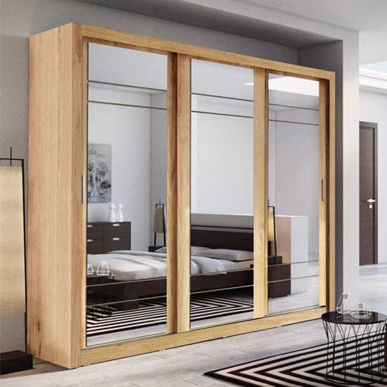 Allen Wardrobe With Mirrored Sliding 3 Doors In Shetland Oak