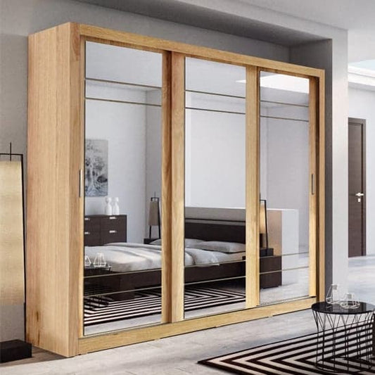 Shetland Oak Mirrored Sliding Wardrobe with 3 Doors for Organized Bedroom Storage