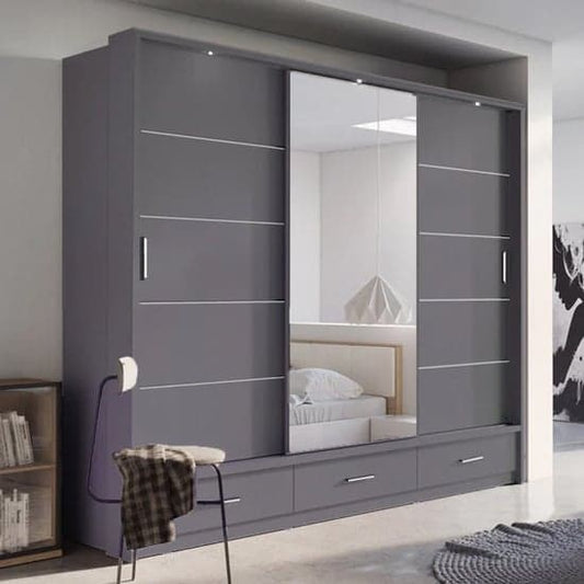 Matt Grey Sliding Door Wooden Wardrobe with Mirrors and Storage Drawers | Sliding | Matt Grey | Mirror, Drawers, Shelves | 3 Doors | 250cm