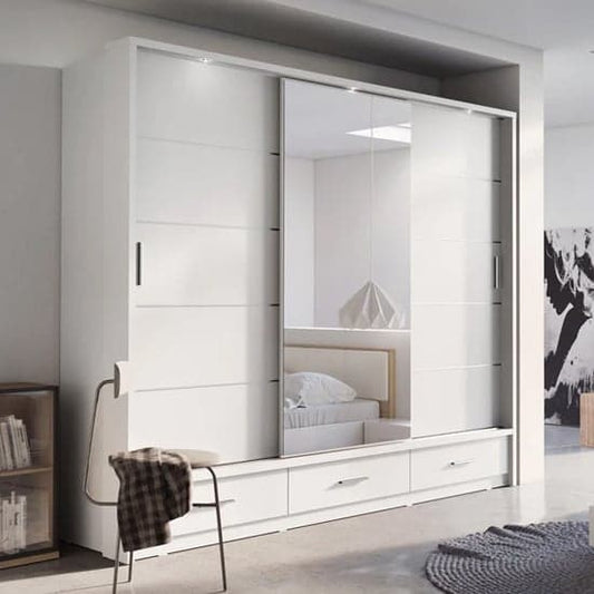 Allen Sliding Wardrobe | Matt White | Mirror, Drawers | 3 Doors | 250cm