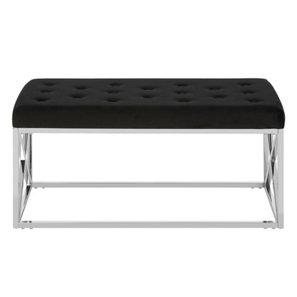 Alluras Black Velvet Dining Bench With Silver Cross Frame